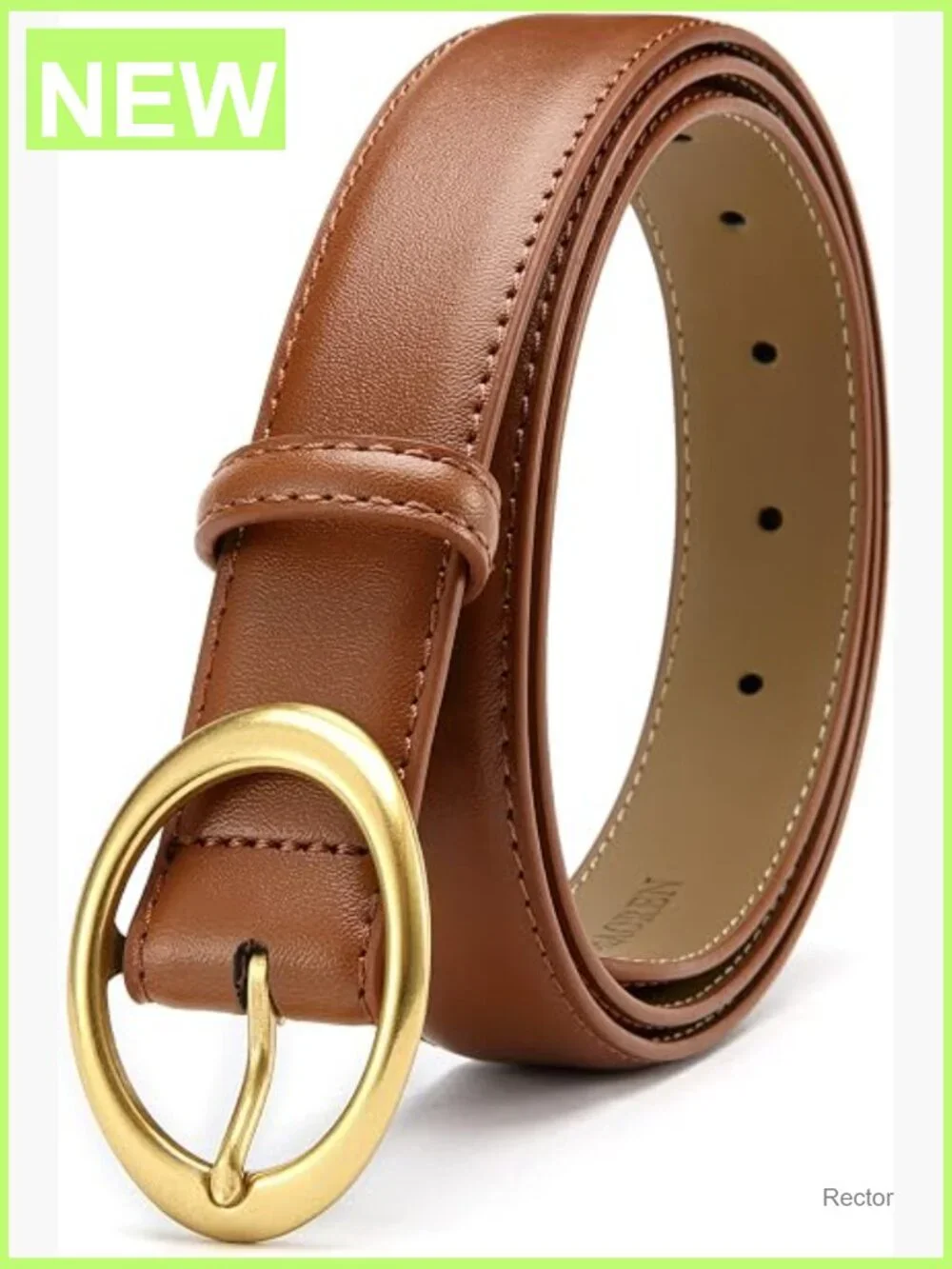 Genuine Leather Belt with Oval Gold Buckle for Jeans & Dresses